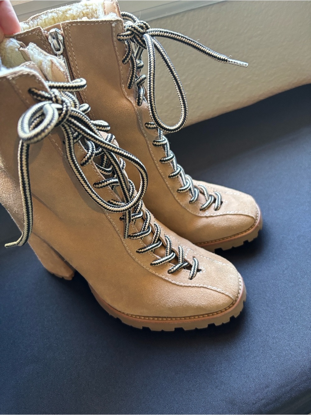SCHUTZ Tan Suede Lace-Up Sherpa Collar Boots